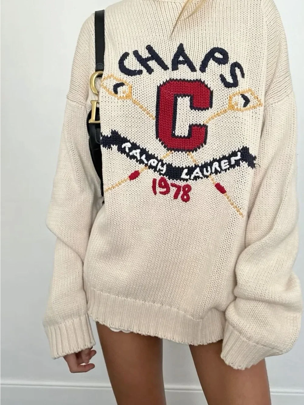 Vintage Ralph Lauren Chaps Cream Logo Knit Sweater oars Preppy Academia Rush XL